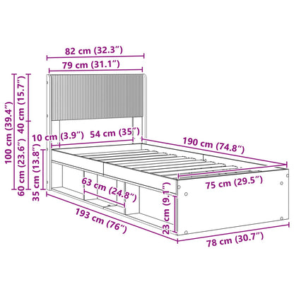 vidaXL Bed Frame with Storage and Headboard Old Wood 75 x 190 cm