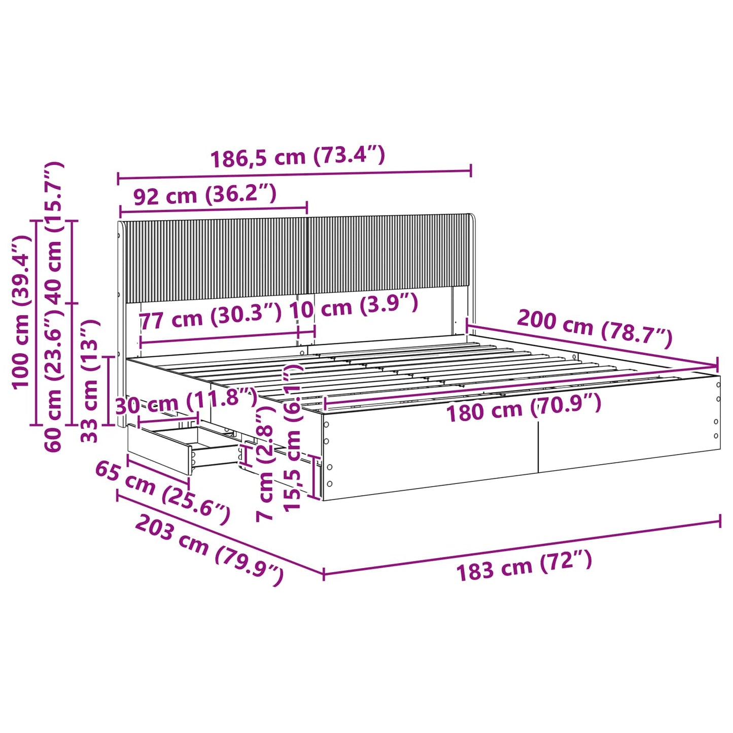 vidaXL Bed Frame with Storage and Headboard Grey Sonoma 180 x 200 cm