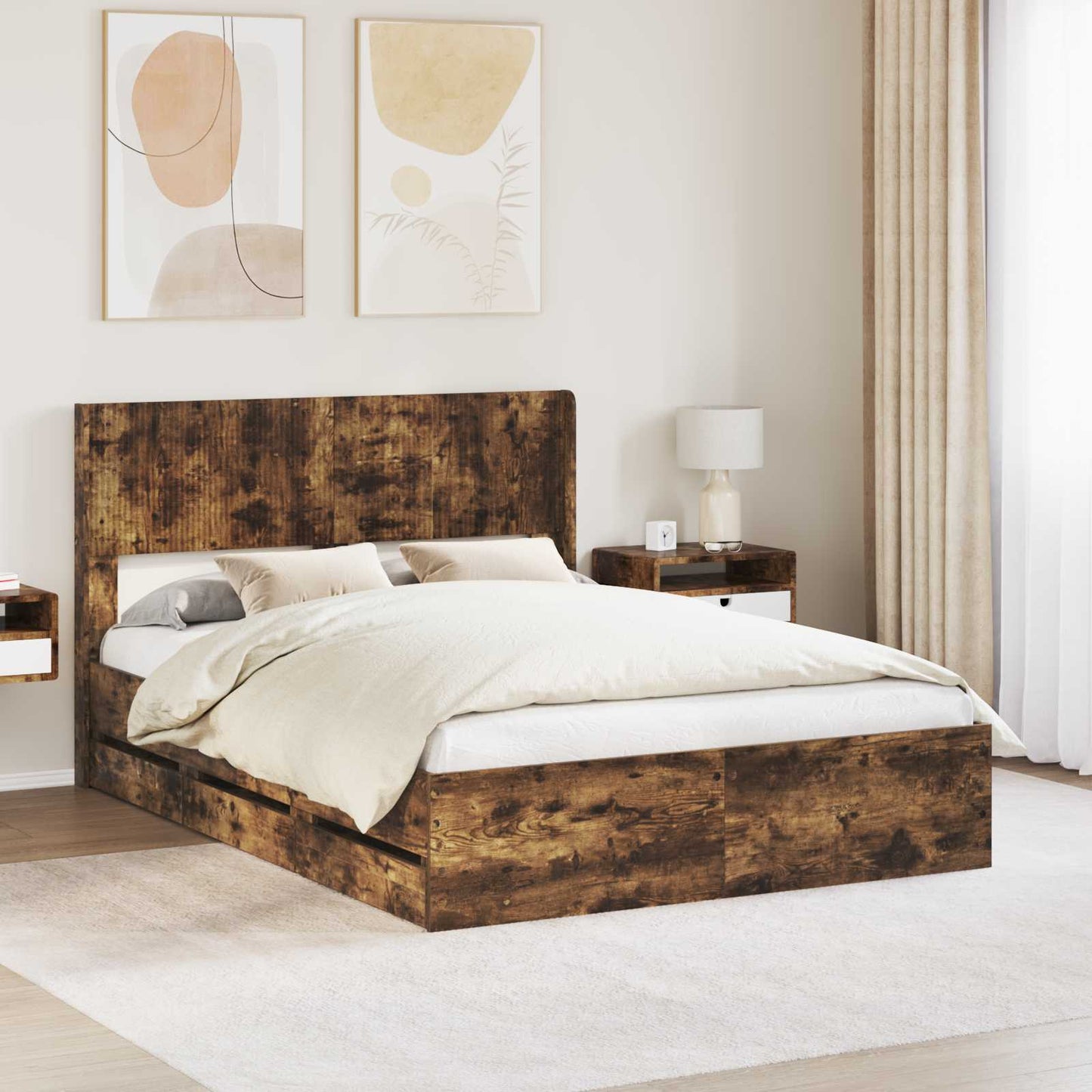 vidaXL Bed Frame with Storage and Headboard Smoked Oak 120 x 200 cm