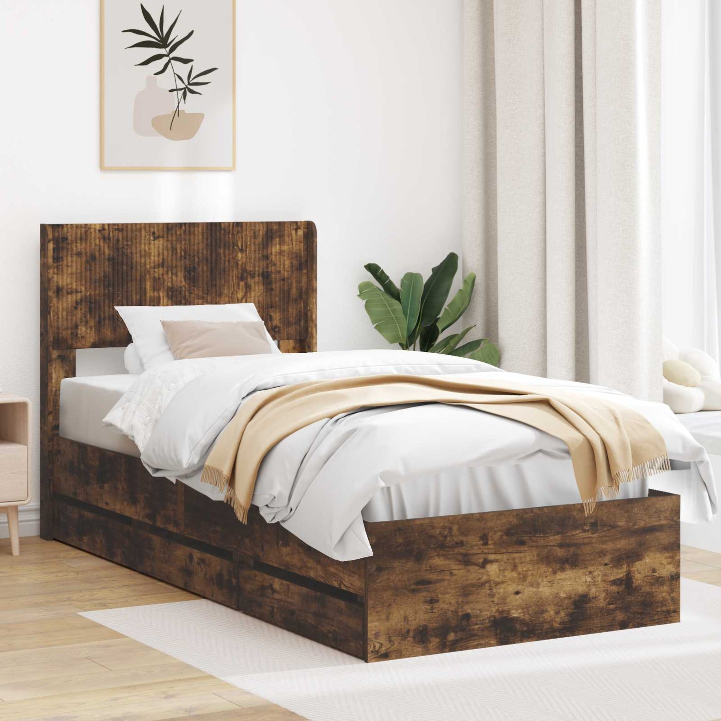 vidaXL Bed Frame with Storage and Headboard Smoked Oak 100 x 200 cm