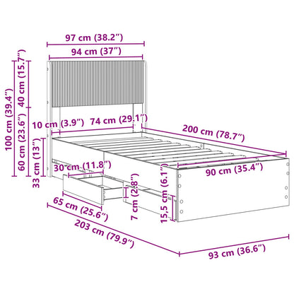 vidaXL Bed Frame with Storage and Headboard Concrete Grey 90 x 200 cm
