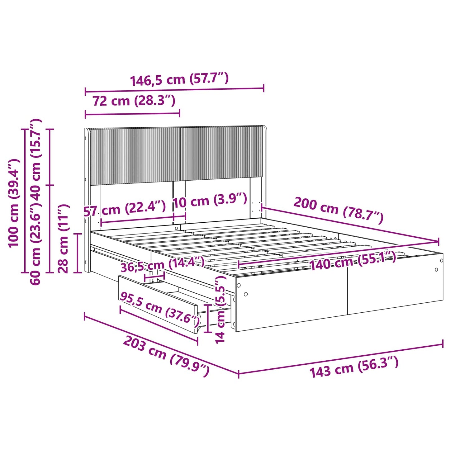 vidaXL Bed Frame with Storage and Headboard Grey Sonoma 140 x 200 cm