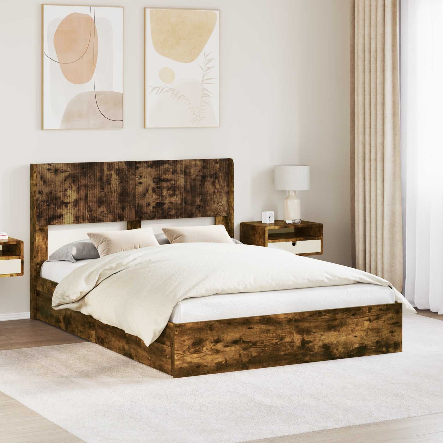 vidaXL Bed Frame with Storage and Headboard Smoked Oak 135 x 190 cm