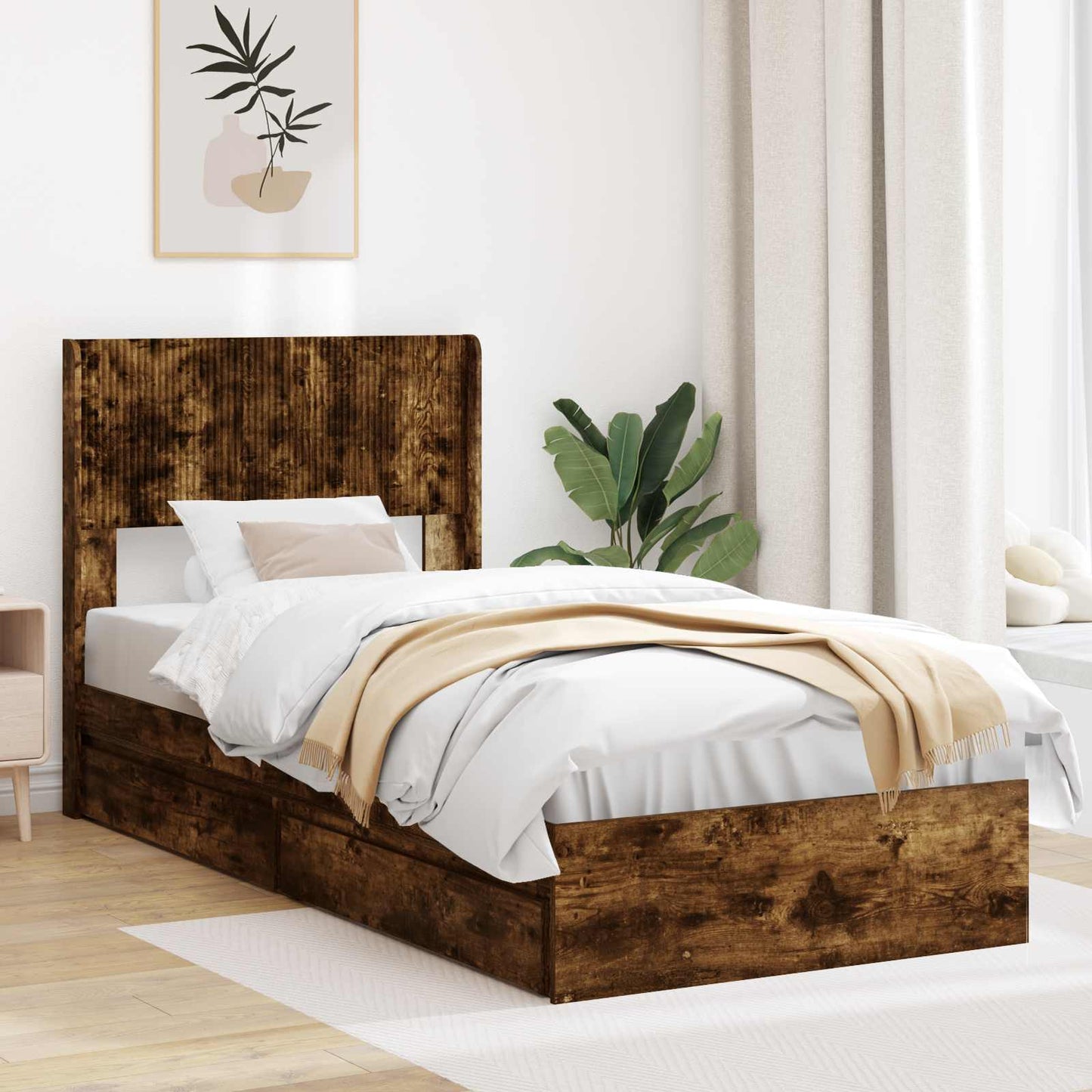 vidaXL Bed Frame with Storage and Headboard Smoked Oak 100 x 200 cm