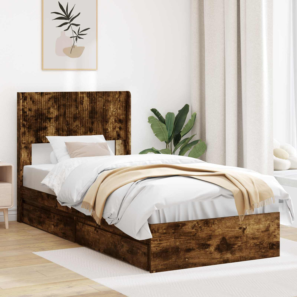 vidaXL Bed Frame with Storage and Headboard Smoked Oak 100 x 200 cm
