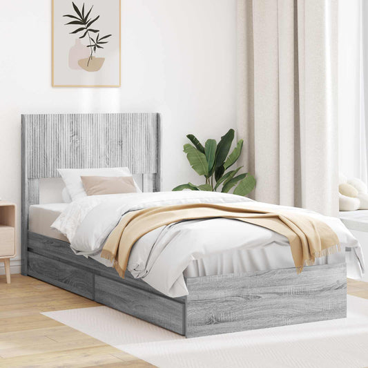 vidaXL Bed Frame with Storage and Headboard Grey Sonoma 90 x 190 cm