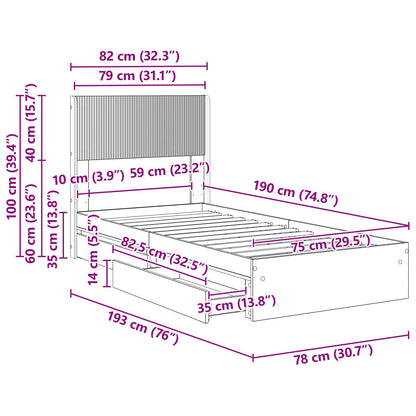 vidaXL Bed Frame with Storage and Headboard Concrete Grey 75 x 190 cm