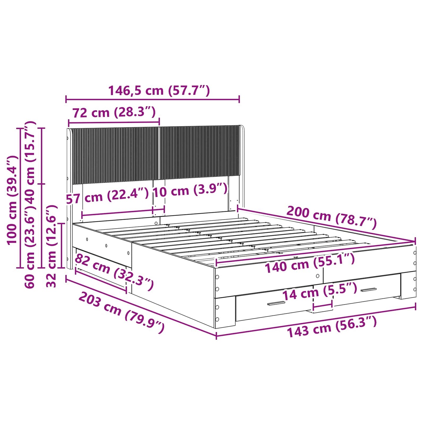 vidaXL Bed Frame with Storage and Headboard Smoked Oak 140 x 200 cm