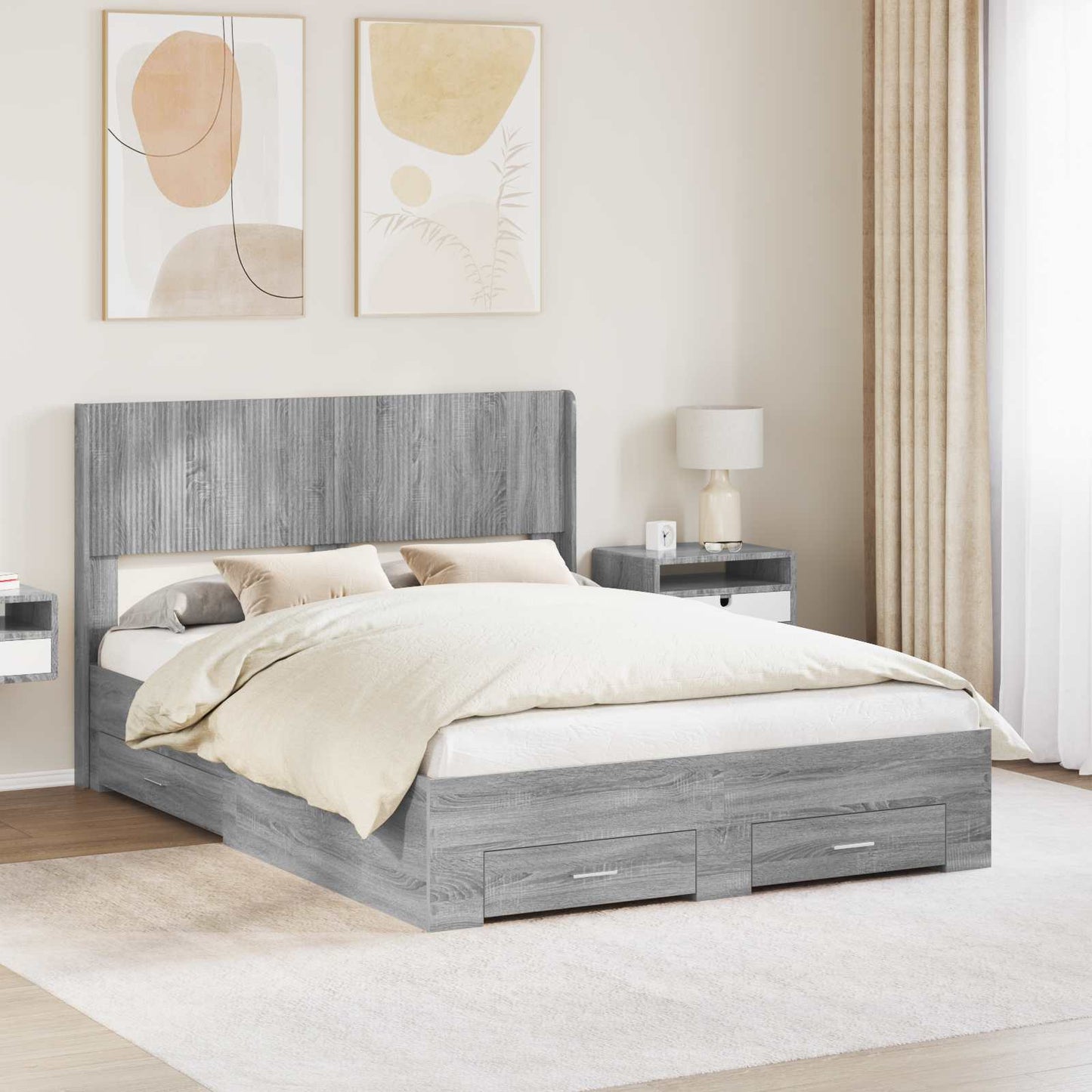 vidaXL Bed Frame with Storage and Headboard Grey Sonoma 140 x 190 cm