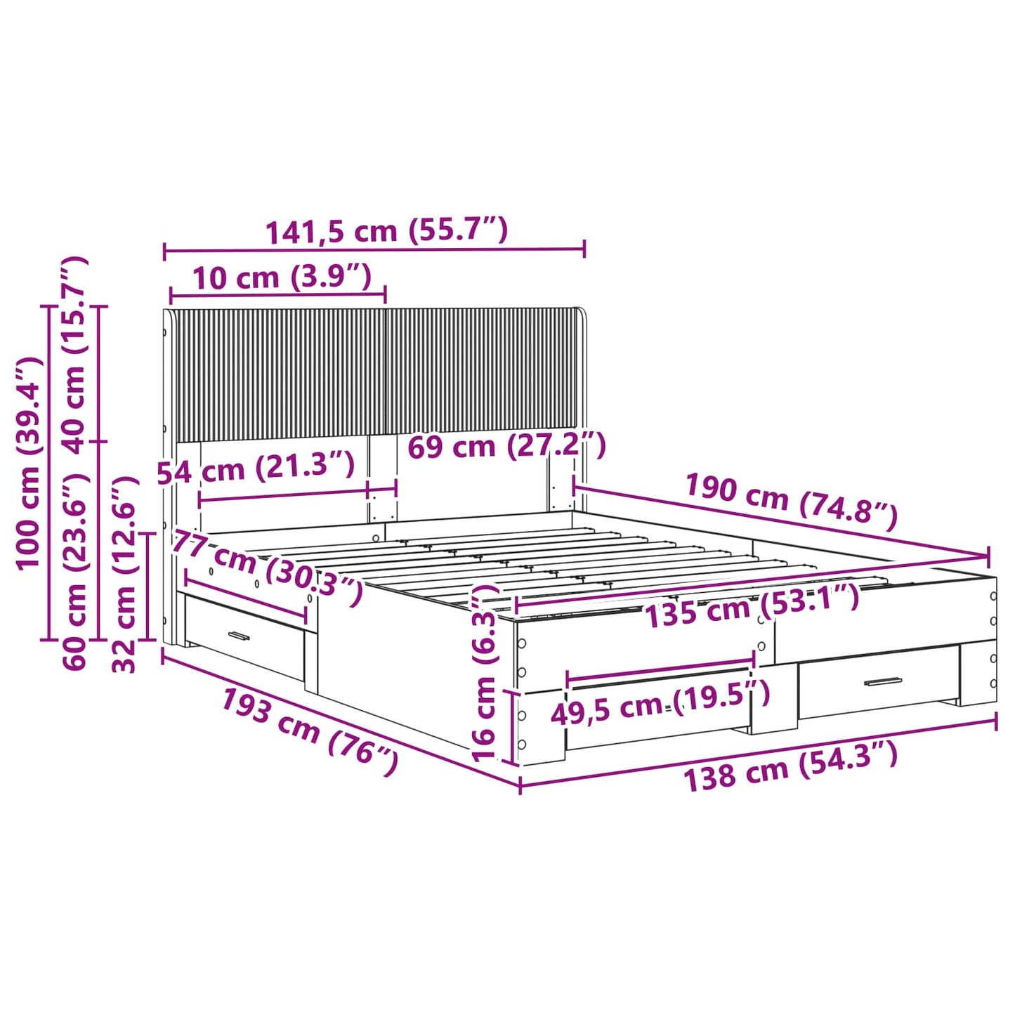 vidaXL Bed Frame with Storage and Headboard Black 135 x 190 cm