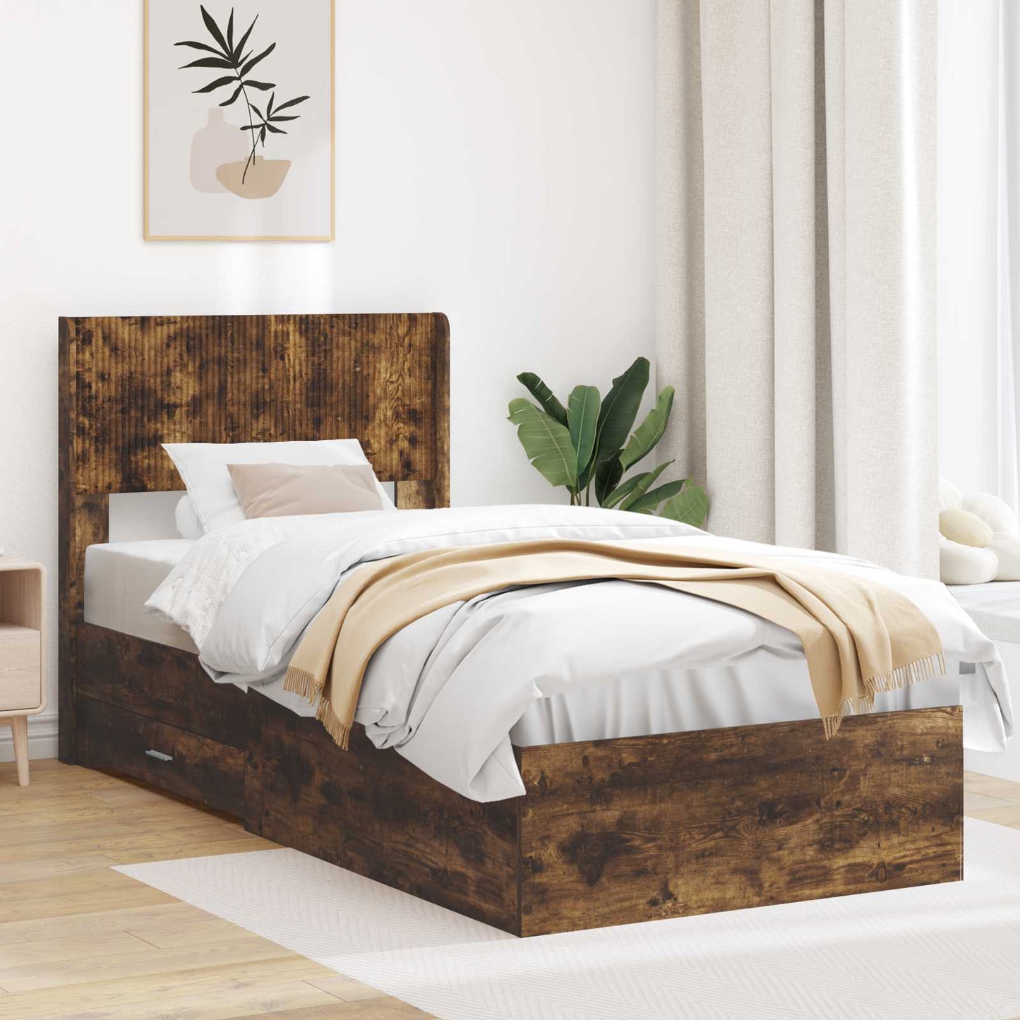 vidaXL Bed Frame with Storage and Headboard Smoked Oak 100 x 200 cm