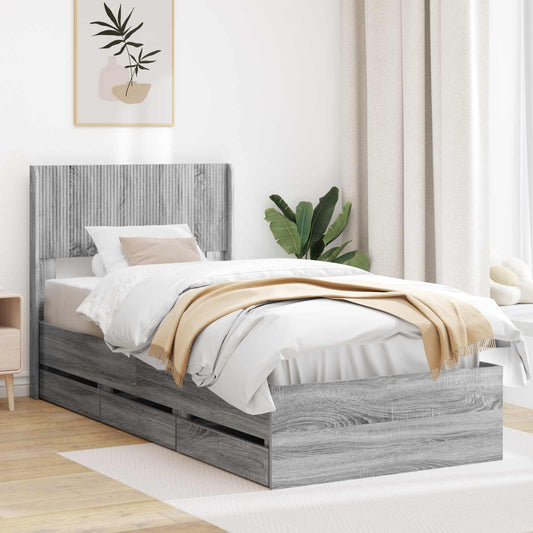 vidaXL Bed Frame with Storage and Headboard Grey Sonoma 90 x 200 cm