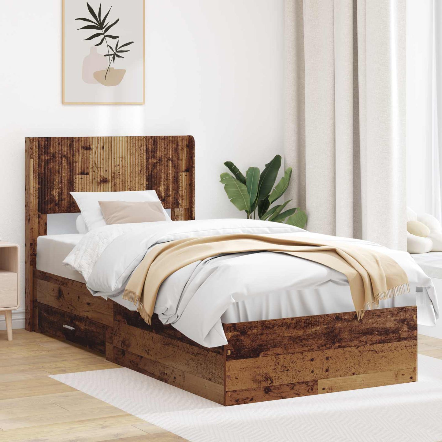 vidaXL Bed Frame with Storage and Headboard Old Wood 90 x 200 cm