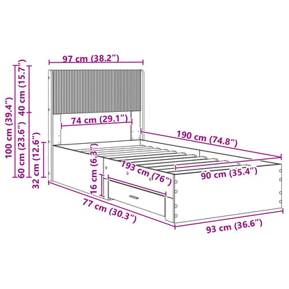 vidaXL Bed Frame with Storage and Headboard Concrete Grey 90 x 190 cm