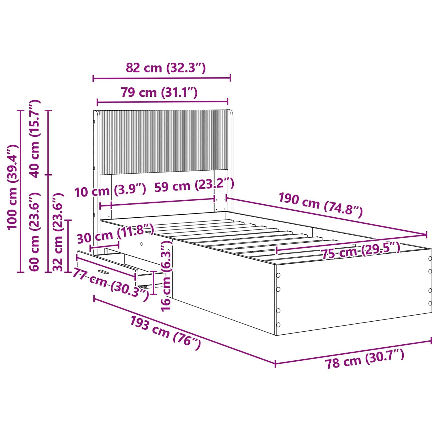 vidaXL Bed Frame with Storage and Headboard Sonoma Oak 75 x 190 cm