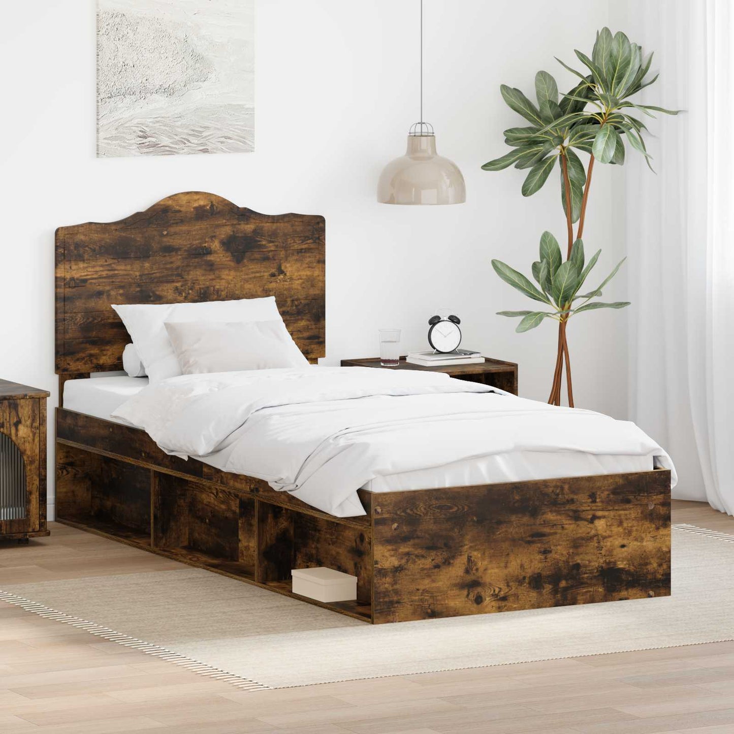 vidaXL Bed Frame with Headboard Smoked Oak 90 x 200 cm Solid Pine Wood