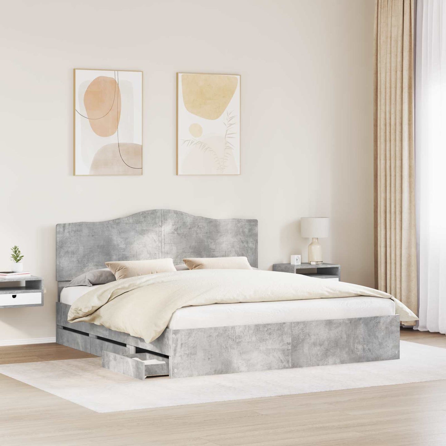 vidaXL Bed Frame with Drawer Concrete Grey 200 x 200 cm Engineer Wood