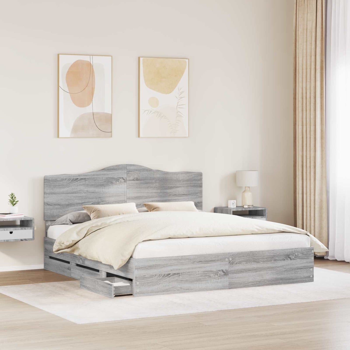 vidaXL Bed Frame with Drawer Grey Sonoma 200 x 200 cm Engineer Wood