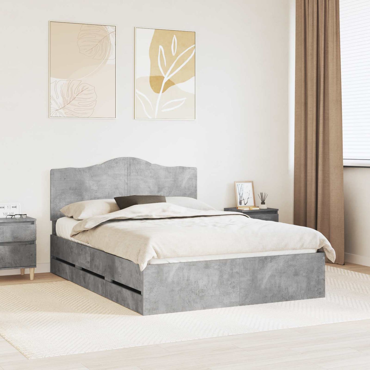 vidaXL Bed Frame with Drawer Concrete Grey 140 x 190 cm Engineer Wood