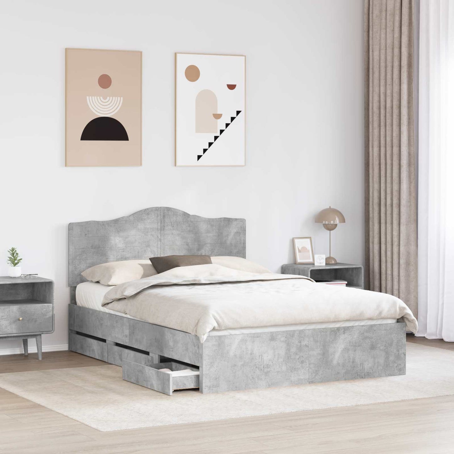 vidaXL Bed Frame with Drawer Concrete Grey 140 x 190 cm Engineer Wood