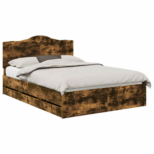 vidaXL Bed Frame with Drawer Smoked Oak 140 x 190 cm Engineer Wood