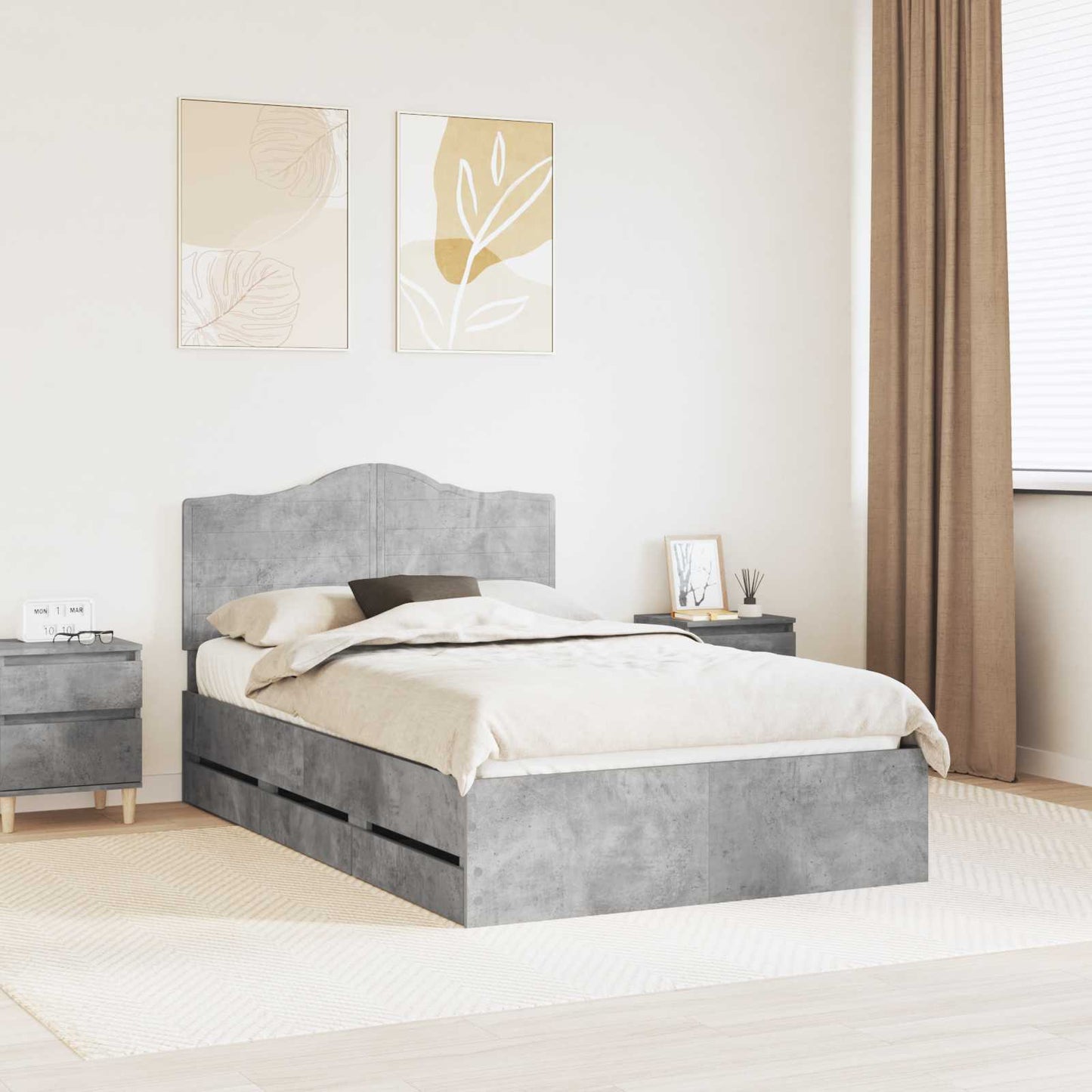 vidaXL Bed Frame with Drawer Concrete Grey 135 x 190 cm Engineer Wood