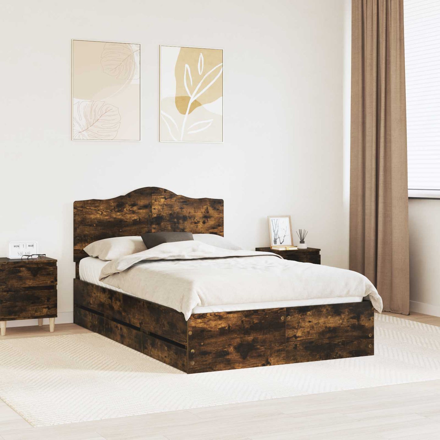 vidaXL Bed Frame with Drawer Smoked Oak 120 x 190 cm Engineer Wood