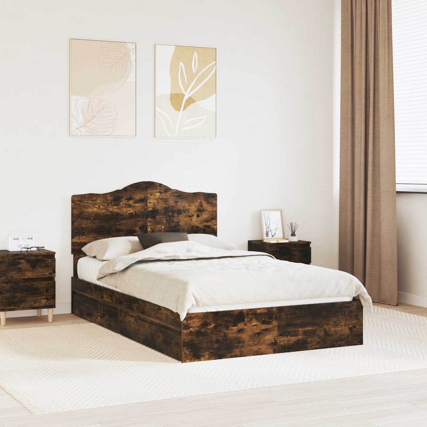 vidaXL Storage Bed with Drawer Smoked Oak 135 x 190 cm Engineered Wood
