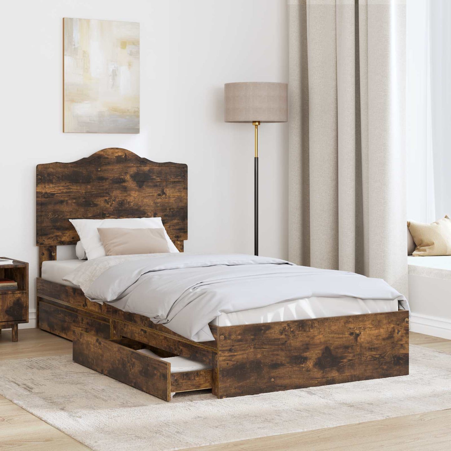vidaXL Storage Bed with Drawer Smoked Oak 70 x 190 cm Engineered Wood