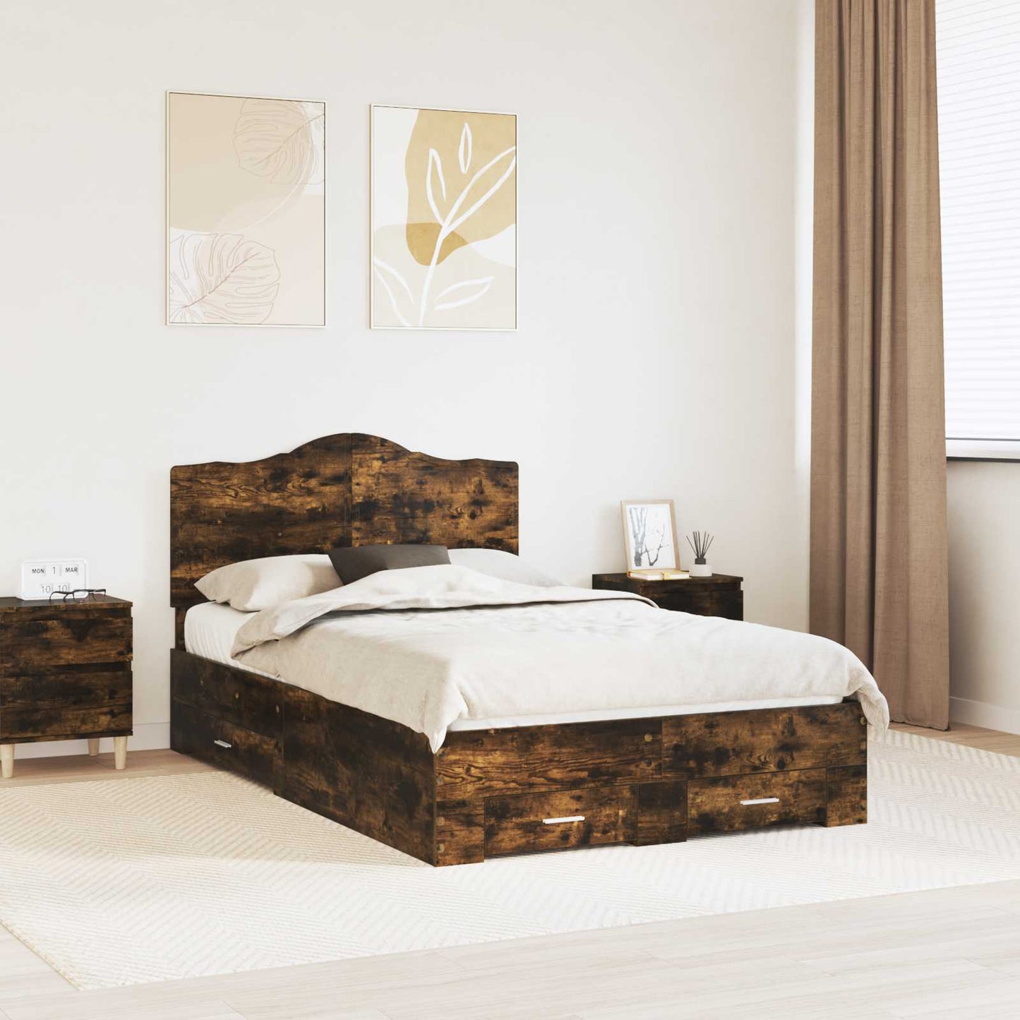 vidaXL Bed Frame with Drawer Smoked Oak 120 x 190 cm Engineered Wood