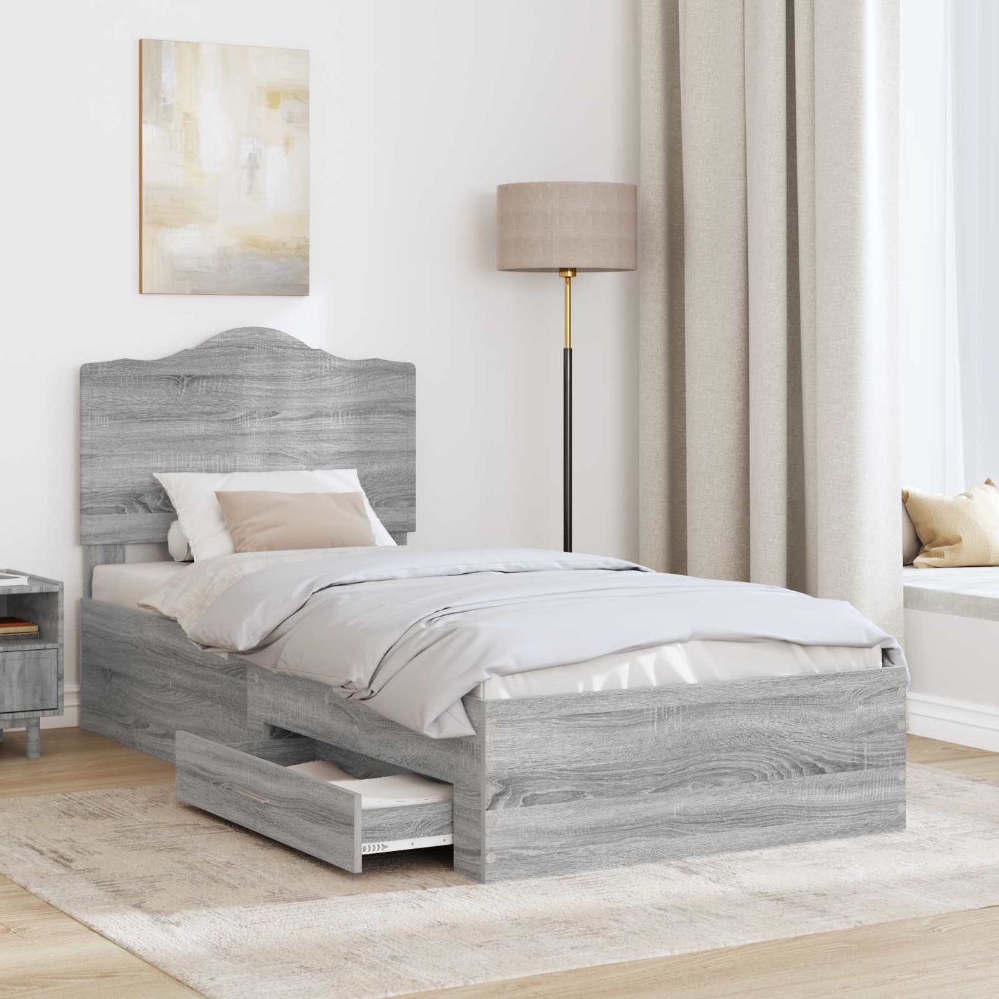 vidaXL Bed Frame with Drawer Grey Sonoma 75 x 190 cm Engineered Wood