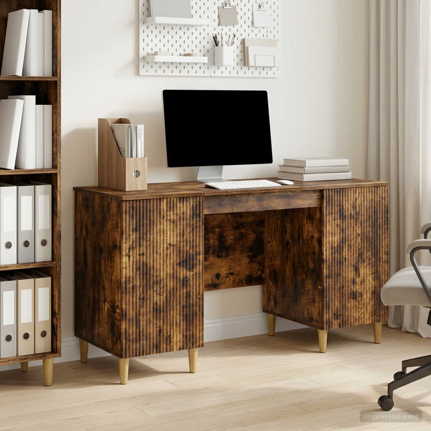 vidaXL Desk with Shelf Smoked Oak 142.5 x 50 x 75 cm Engineered Wood