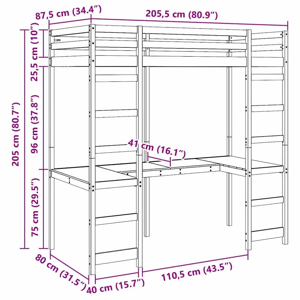 vidaXL Loft Bed Frame Natural 80 x 200 cm Solid Pine Wood