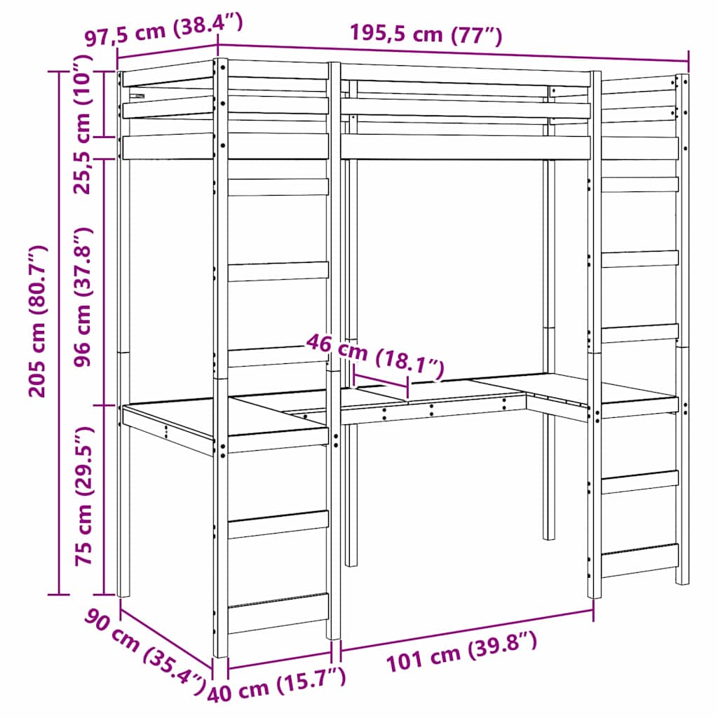 vidaXL Loft Bed Frame Natural 90 x 190 cm Solid Pine Wood
