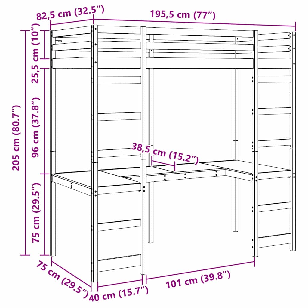 vidaXL Loft Bed Frame Natural 75 x 190 cm Solid Pine Wood