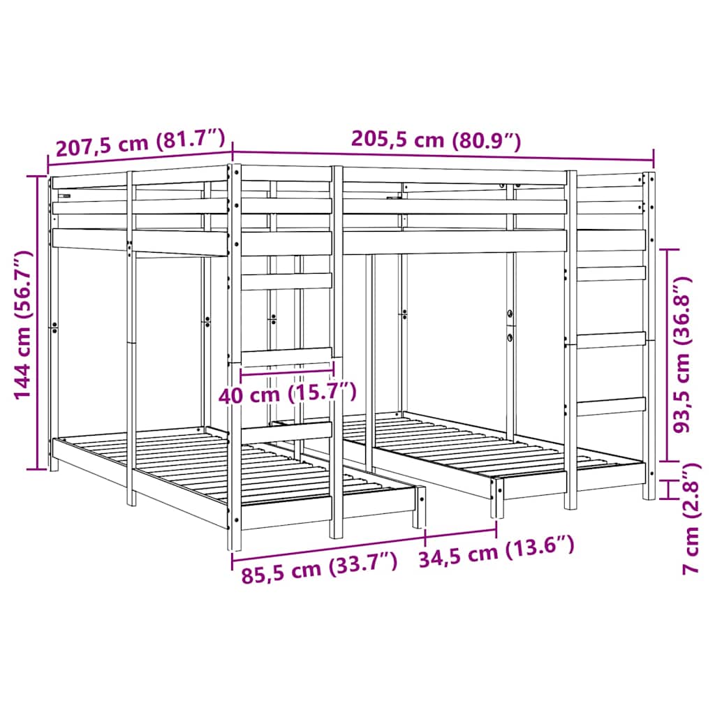 vidaXL Triple Bunk Bed Frame Wax Brown 200 x 200 cm Solid Pine Wood
