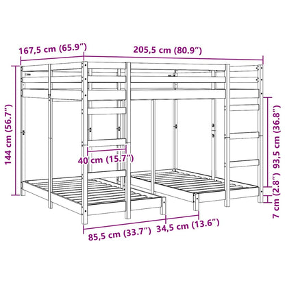 vidaXL Triple Bunk Bed Frame Wax brown 160 x 200 cm Solid Pine Wood