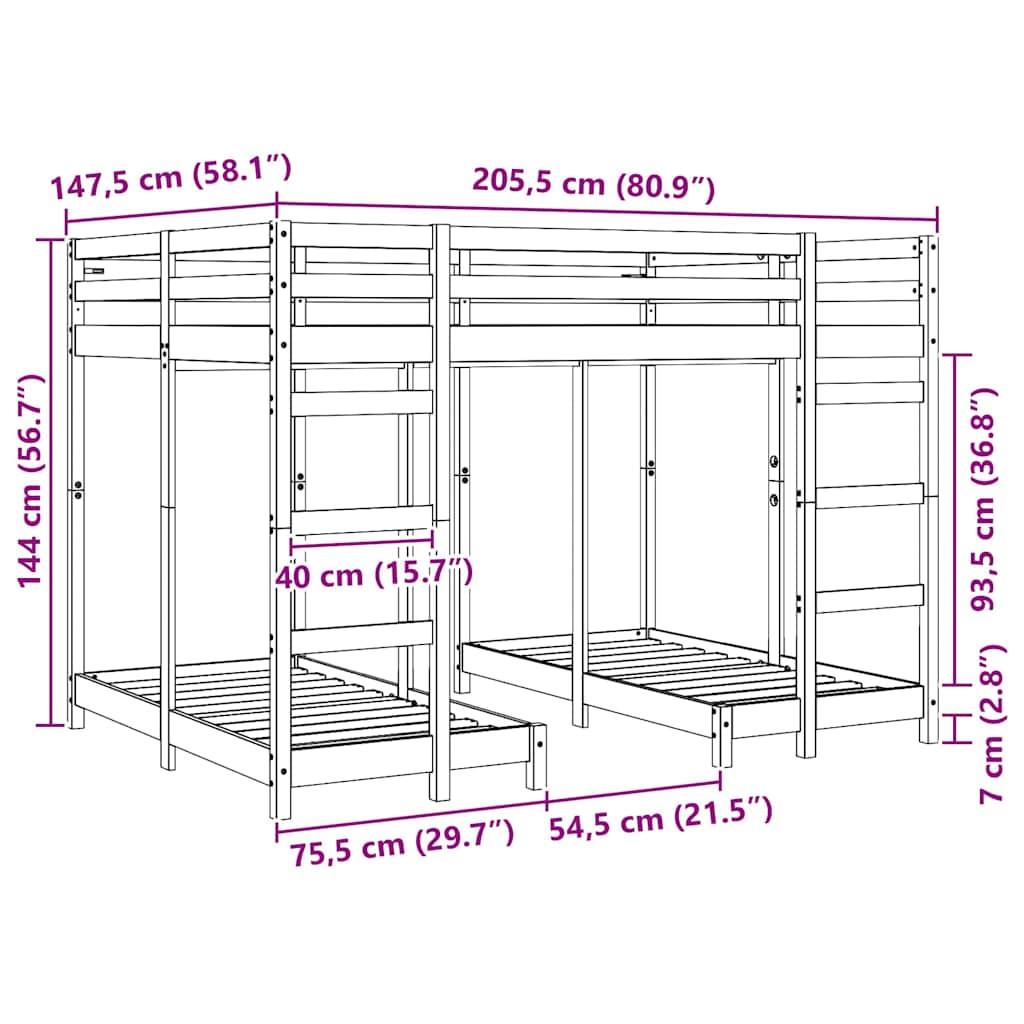 vidaXL Triple Bunk Bed Frame Wax brown 140 x 200 cm Solid Pine Wood