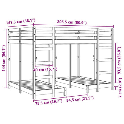vidaXL Triple Bunk Bed Frame Wax brown 140 x 200 cm Solid Pine Wood