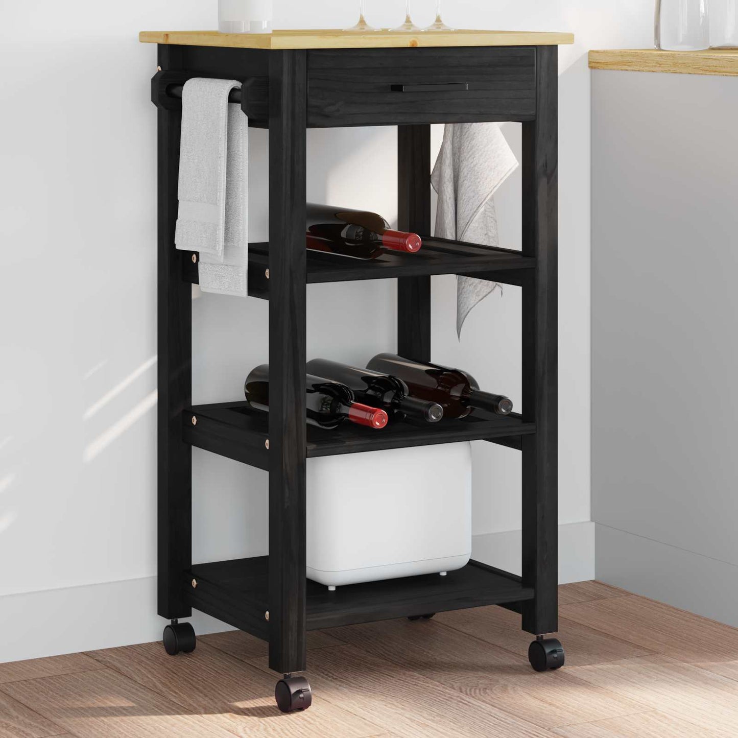 vidaXL Kitchen Trolley MONZA Black 48 x 40 x 88.5 cm Solid Pine Wood