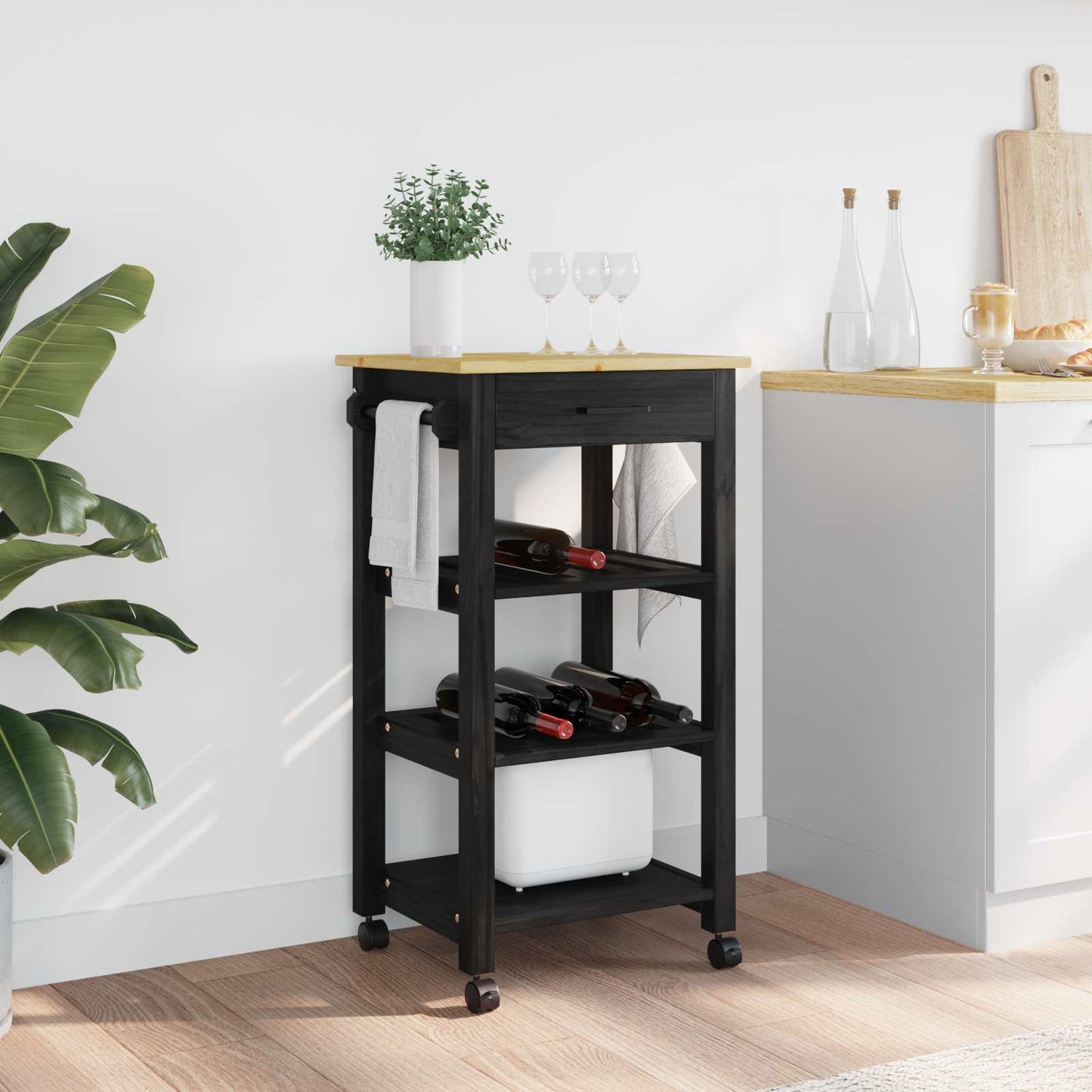 vidaXL Kitchen Trolley MONZA Black 48 x 40 x 88.5 cm Solid Pine Wood