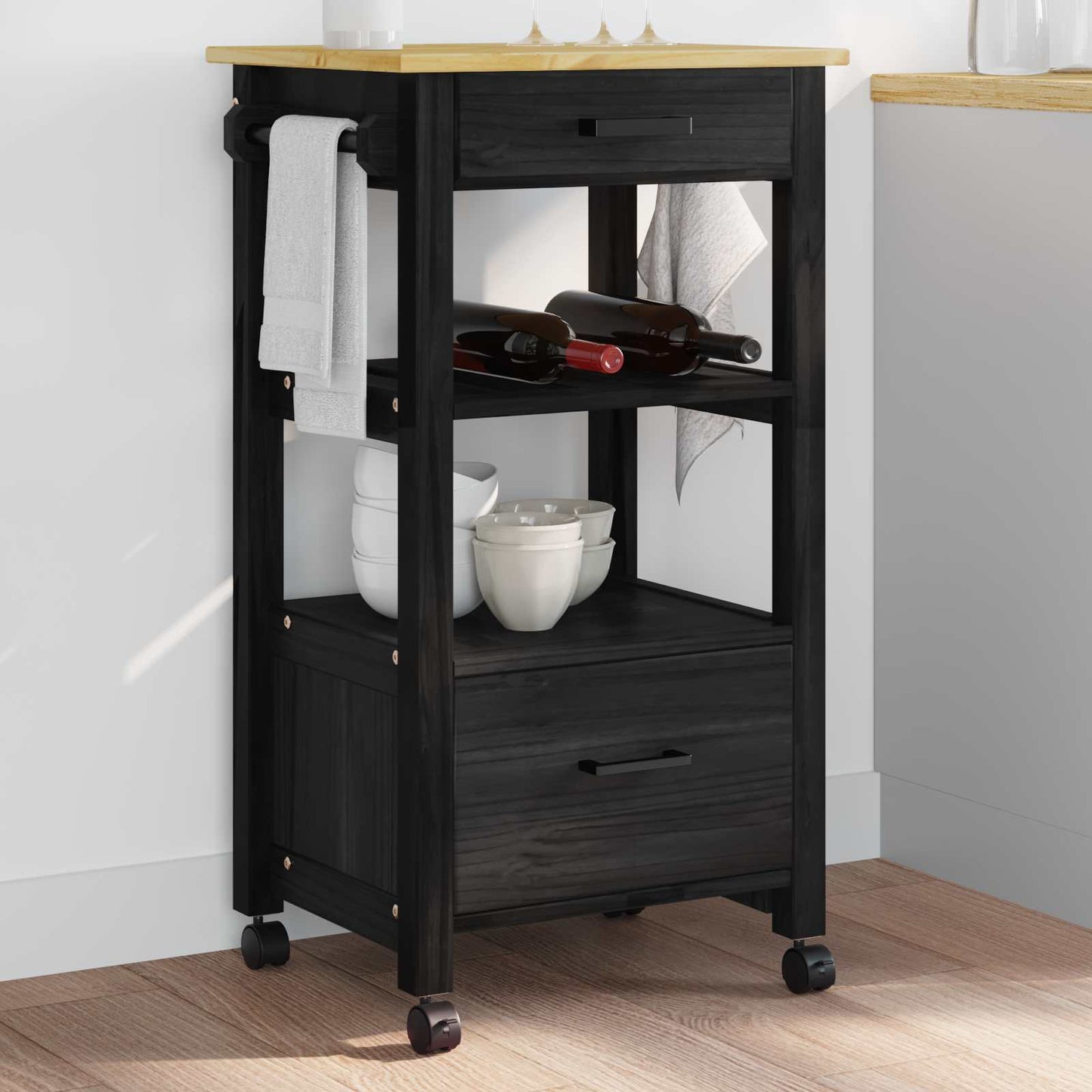 vidaXL Kitchen Trolley MONZA Black 48 x 40 x 88.5 cm Solid Pine Wood