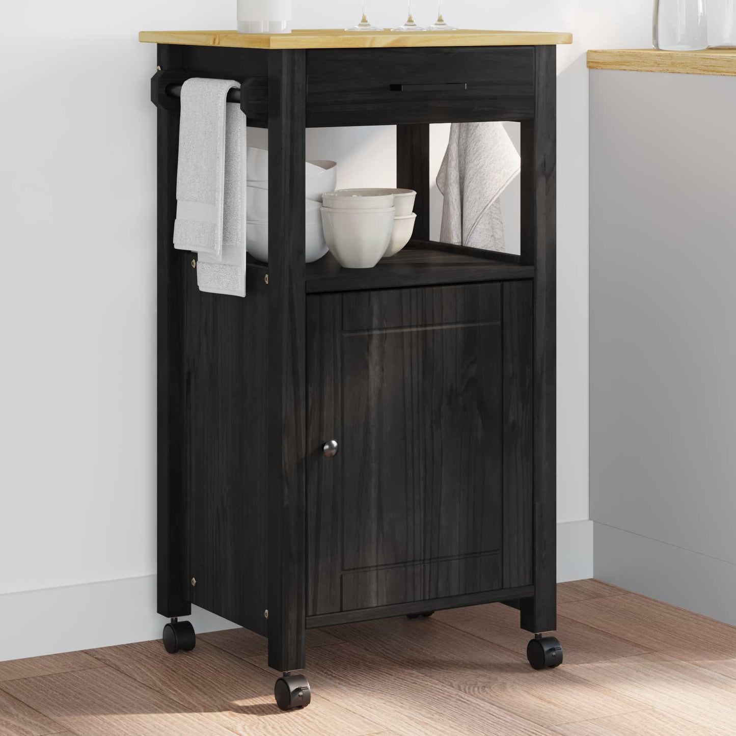 vidaXL Kitchen Trolley MONZA Black 48 x 40 x 88.5 cm Solid Pine Wood
