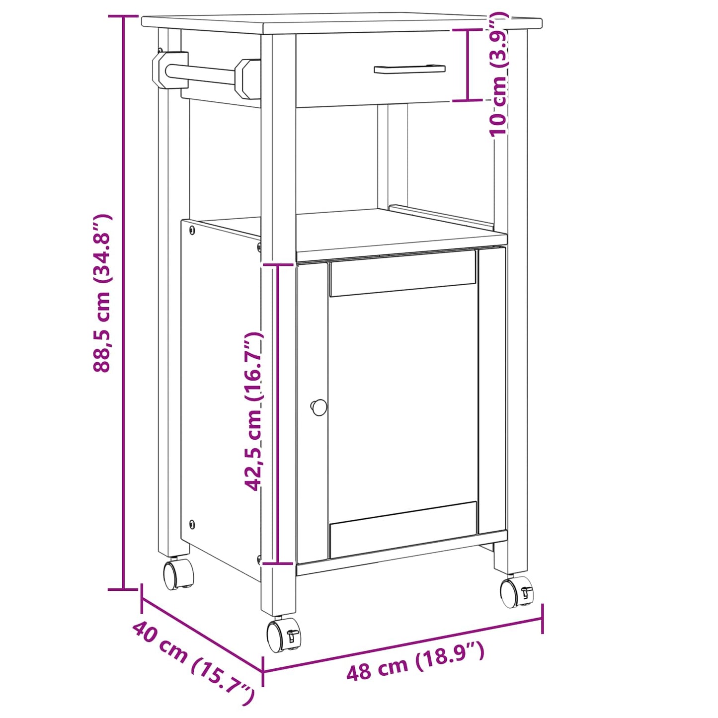 vidaXL Kitchen Trolley MONZA Black 48 x 40 x 88.5 cm Solid Pine Wood