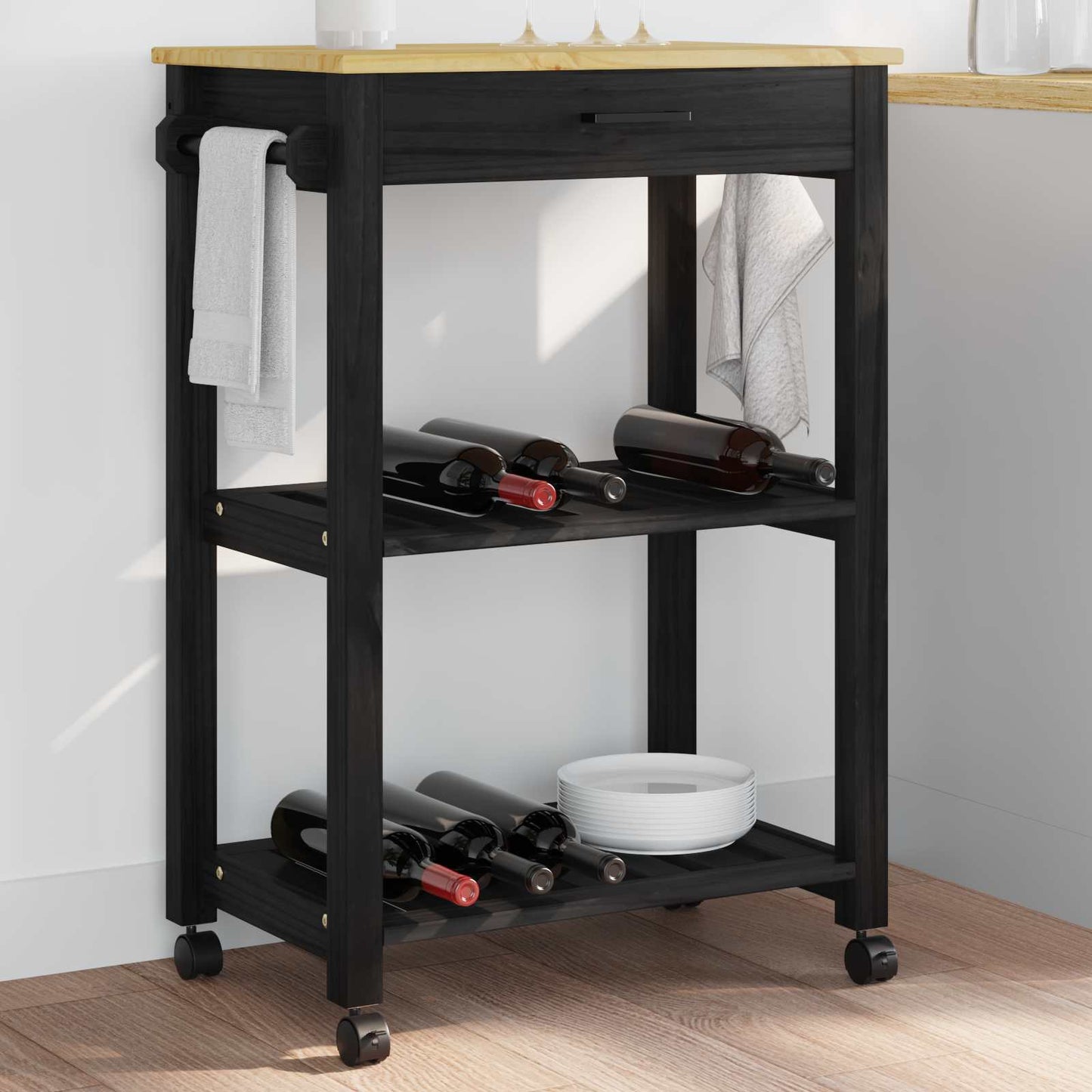 vidaXL Kitchen Trolley MONZA Black 60 x 40 x 88.5 cm Solid Pine Wood