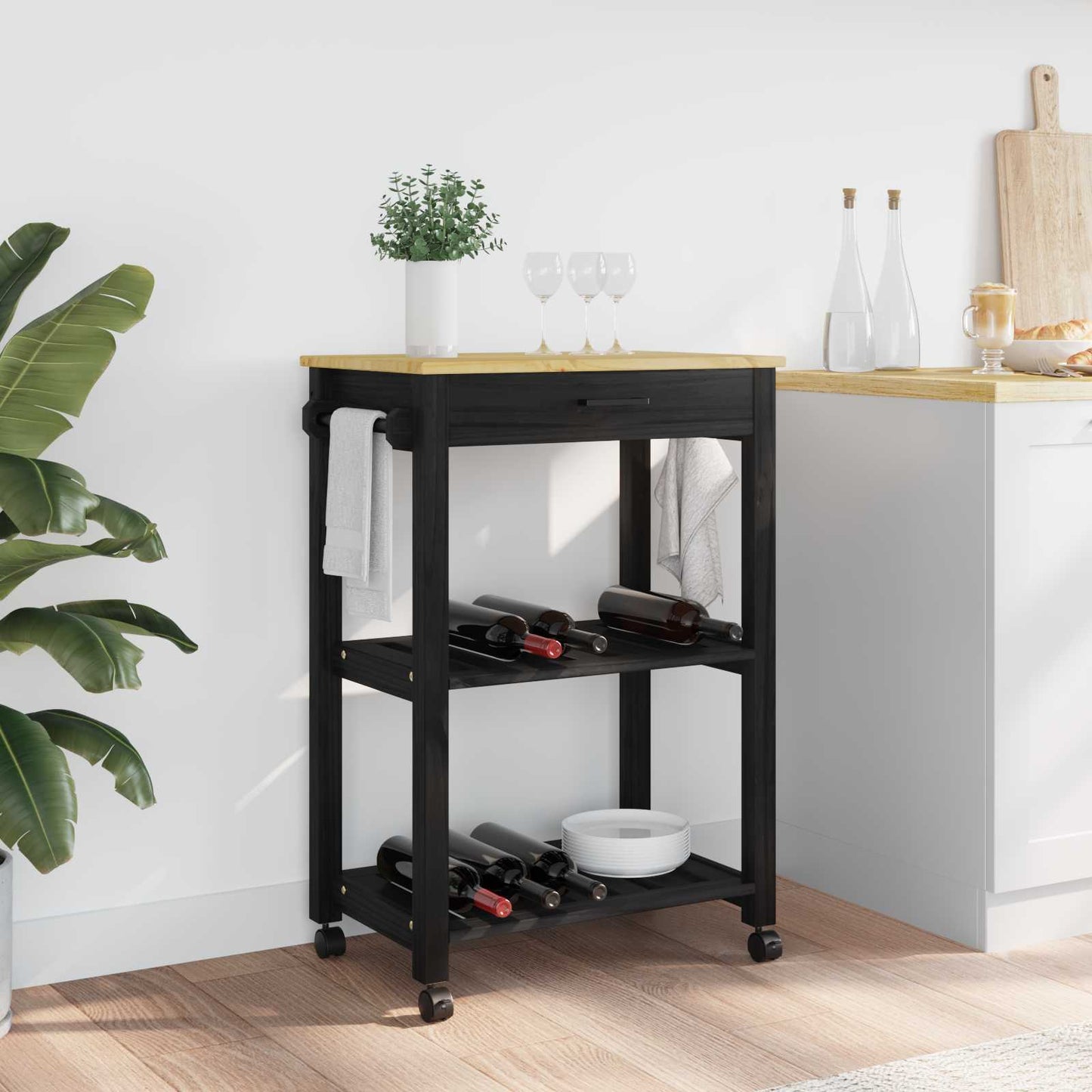 vidaXL Kitchen Trolley MONZA Black 60 x 40 x 88.5 cm Solid Pine Wood