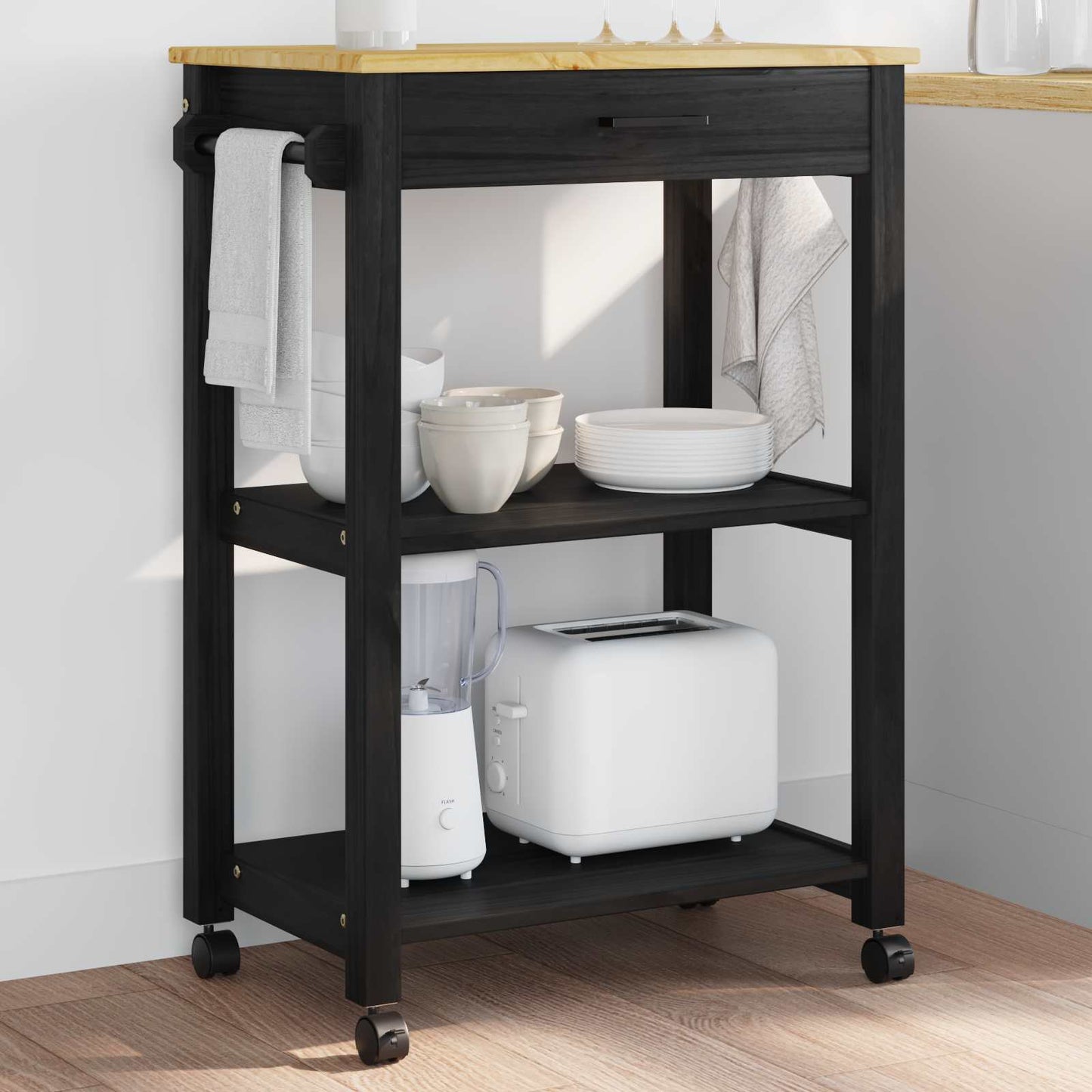 vidaXL Kitchen Trolley MONZA Black 60 x 40 x 88.5 cm Solid Pine Wood