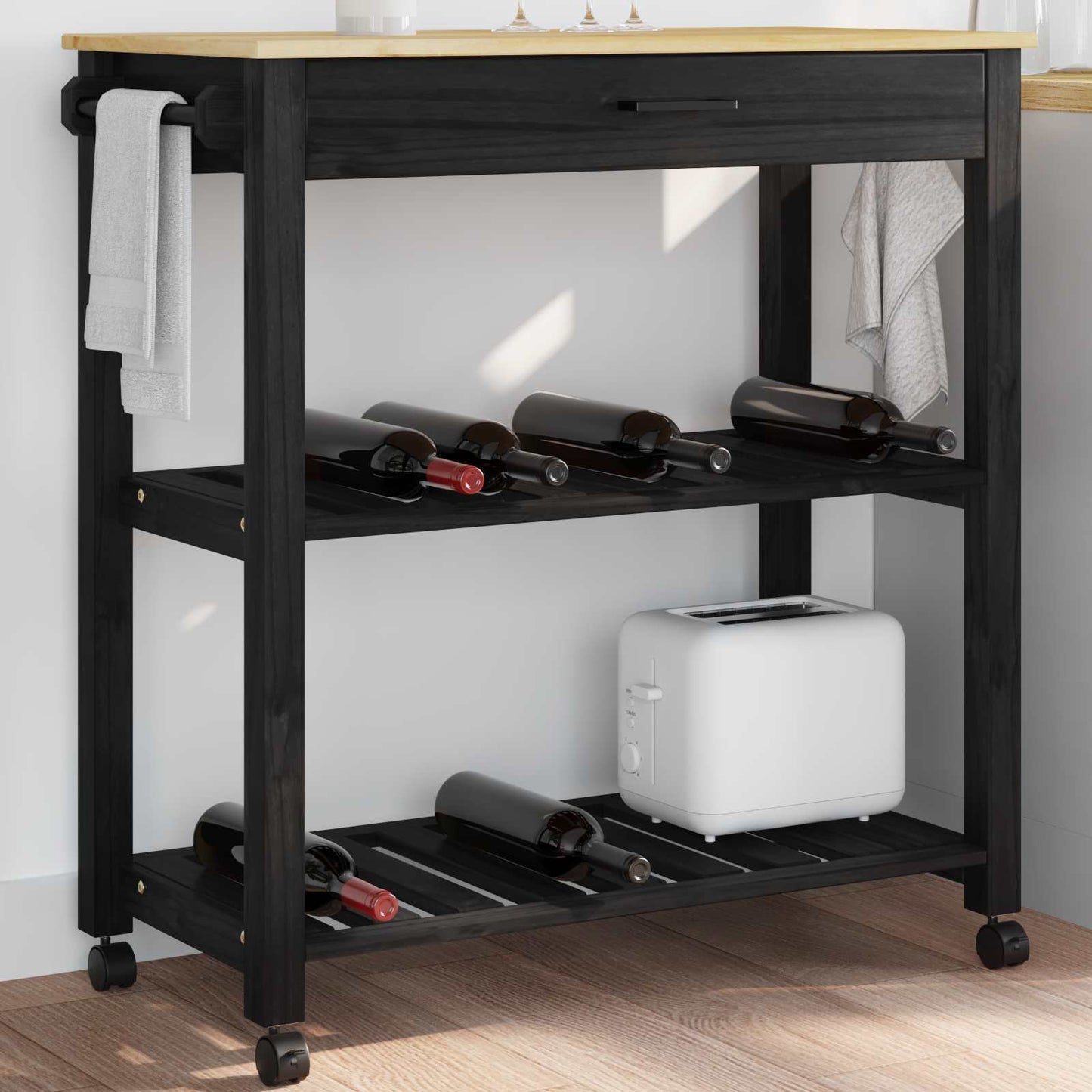 vidaXL Kitchen Trolley MONZA Black 84 x 40 x 88.5 cm Solid Pine Wood