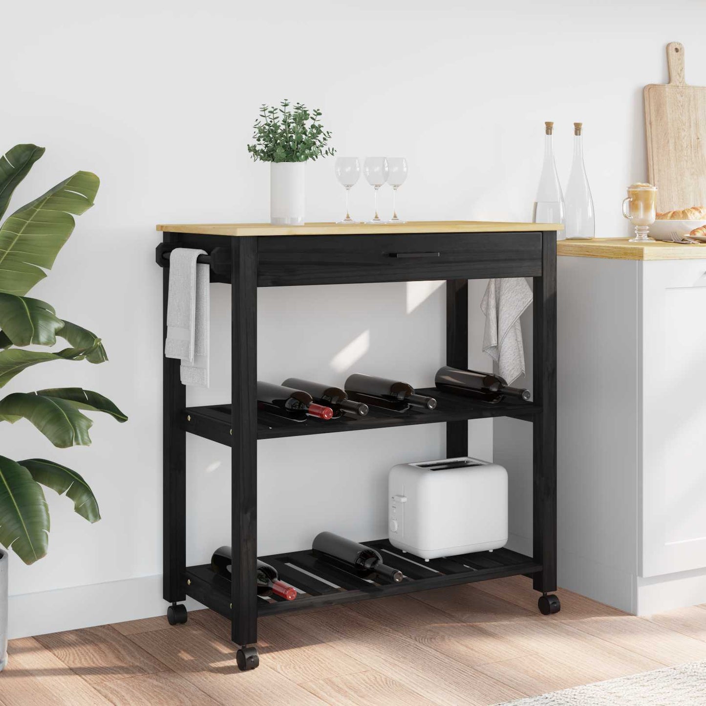 vidaXL Kitchen Trolley MONZA Black 84 x 40 x 88.5 cm Solid Pine Wood