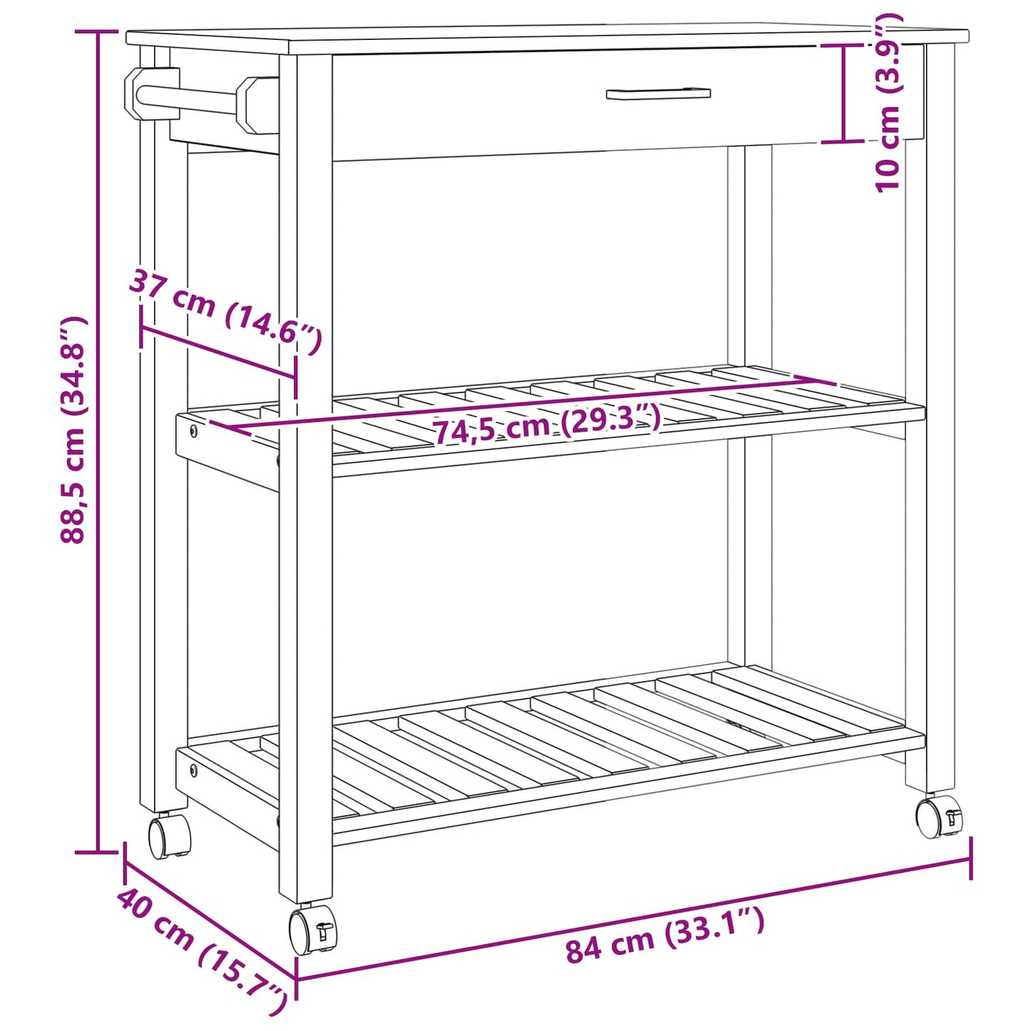 vidaXL Kitchen Trolley MONZA Black 84 x 40 x 88.5 cm Solid Pine Wood